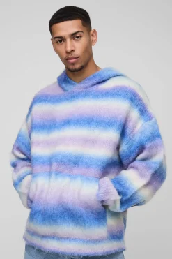 boohooMAN Oversized Boxy Fit Ombre Stripe Brushed Knit Cross Hoodie<Homme Maille|Mailles