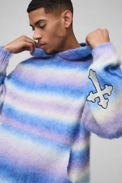 boohooMAN Oversized Boxy Fit Ombre Stripe Brushed Knit Cross Hoodie<Homme Maille|Mailles