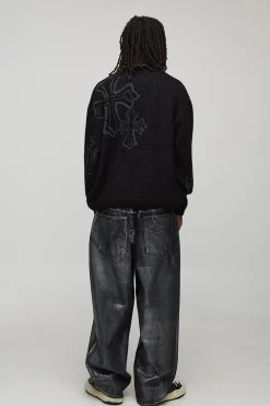 Oversized Boxy Fluffy Cross Jacquard Knitted Jumper