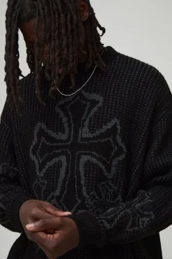 Oversized Boxy Fluffy Cross Jacquard Knitted Jumper