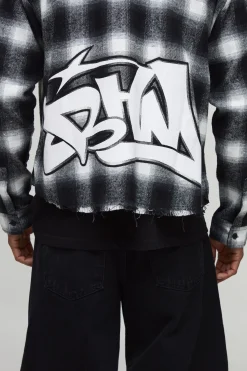 boohooMAN Oversized Boxy Graffiti Long Sleeve Flannel Check Shirt<Homme Chemises