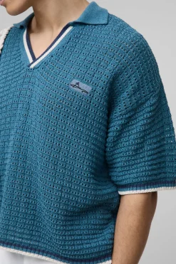 boohooMAN Oversized Boxy Open Stitch Stripe Trim Knitted Polo<Homme Polos|Maille