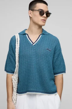 boohooMAN Oversized Boxy Open Stitch Stripe Trim Knitted Polo<Homme Polos|Maille