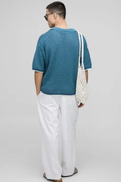 boohooMAN Oversized Boxy Open Stitch Stripe Trim Knitted Polo<Homme Polos|Maille