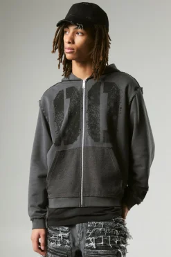 Oversized Boxy Varsity Raw Edge Zip Through Loopback Hoodie