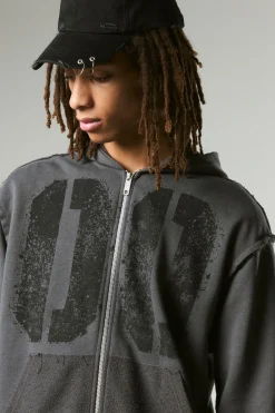 Oversized Boxy Varsity Raw Edge Zip Through Loopback Hoodie