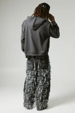 Oversized Boxy Varsity Raw Edge Zip Through Loopback Hoodie