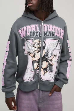 Oversized Boxy Worldwide Varsity Hoodie → Hoodie varsity mondial surdimensionné et à coupe carrée