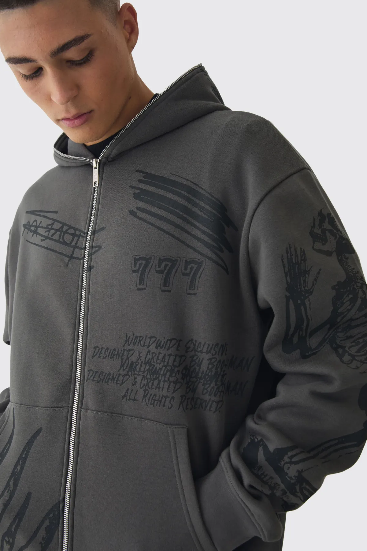 boohooMAN Oversized Doodle Zip Through Hoodie<Homme Sweats À Capuche Et Sweatshirts|Sweats À Capuche Grande Taille