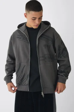 boohooMAN Oversized Doodle Zip Through Hoodie<Homme Sweats À Capuche Et Sweatshirts|Sweats À Capuche Grande Taille