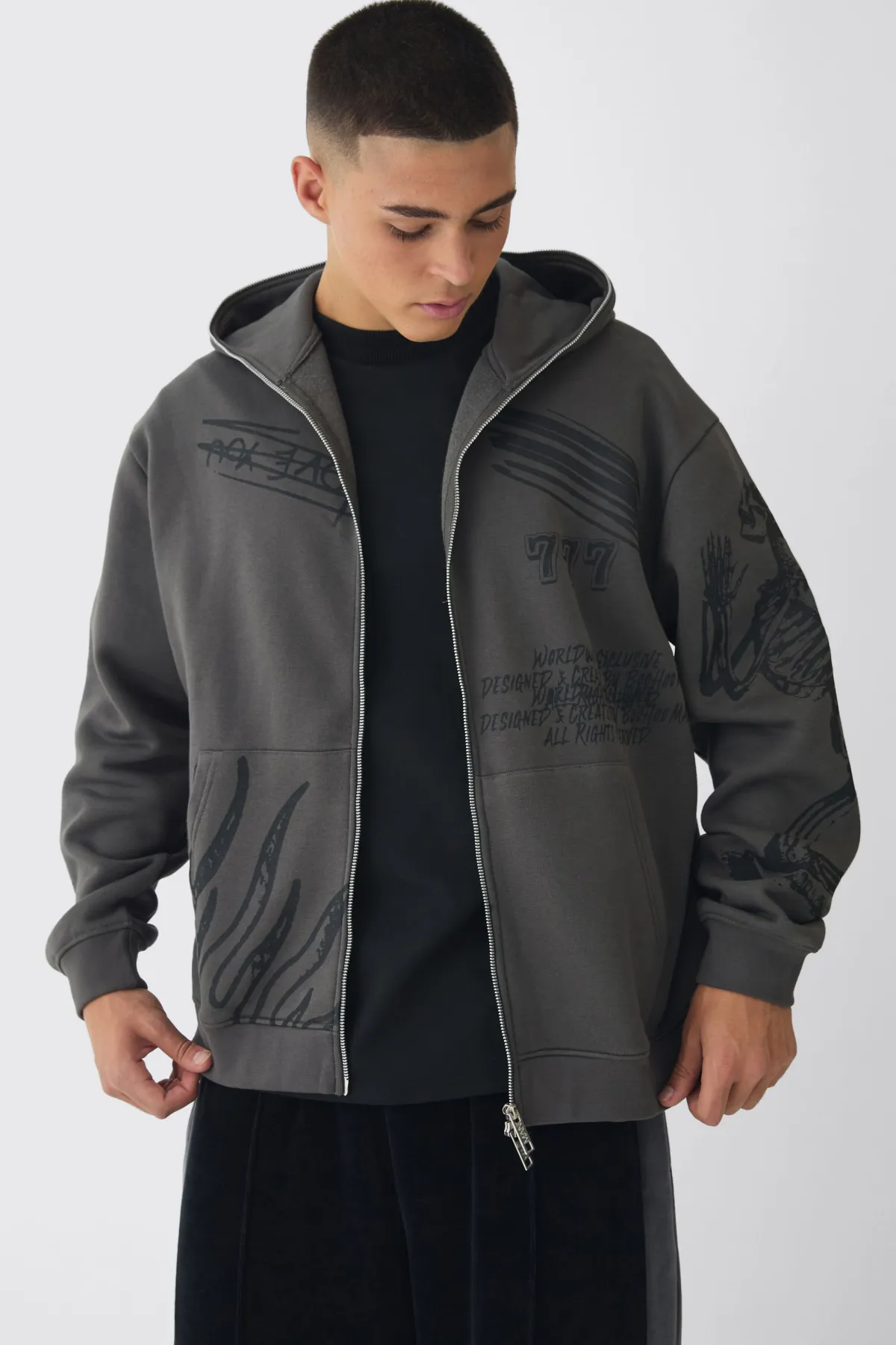 boohooMAN Oversized Doodle Zip Through Hoodie<Homme Sweats À Capuche Et Sweatshirts|Sweats À Capuche Grande Taille