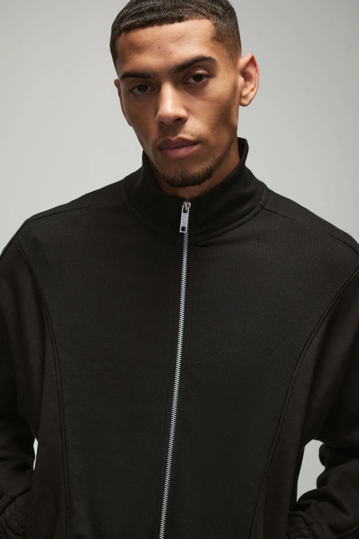 boohooMAN Oversized Heavy Rib Panelled 3D Embroidered Track Top<Homme Sweats À Capuche Et Sweatshirts|Sweats À Capuche Et Sweats