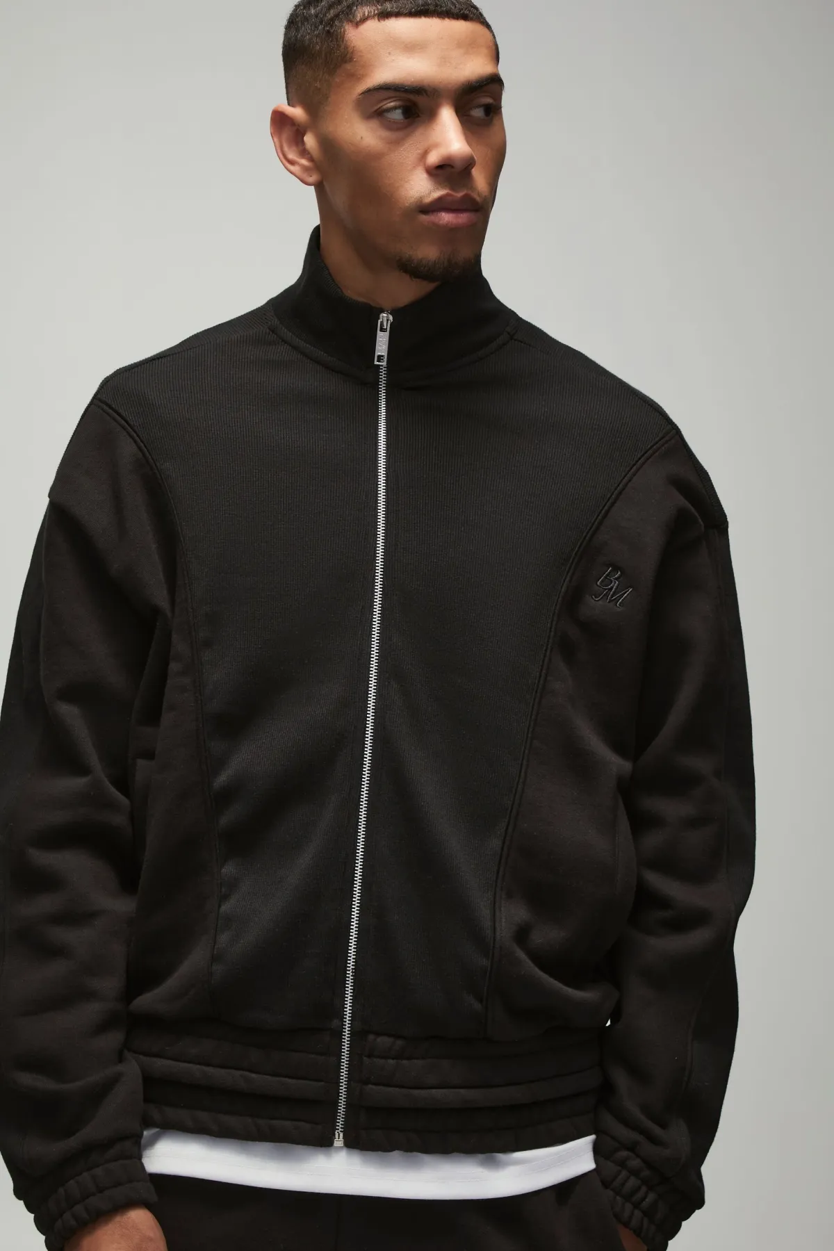 boohooMAN Oversized Heavy Rib Panelled 3D Embroidered Track Top<Homme Sweats À Capuche Et Sweatshirts|Sweats À Capuche Et Sweats