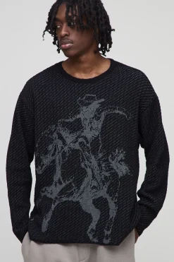 boohooMAN Oversized Long Sleeve Textured Western Knitted T-Shirt<Homme T-Shirts|Maille