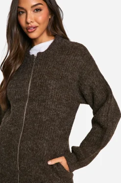 boohoo Oversized Zip Through Knitted Bomber Jacket<Femme Looks Chocolat|Manteaux Et Vestes D’Automne