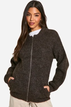 boohoo Oversized Zip Through Knitted Bomber Jacket<Femme Looks Chocolat|Manteaux Et Vestes D’Automne
