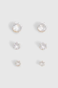 boohoo Pack de 3 boucles d’oreilles clous Diamante en or< Boucles D'Oreilles