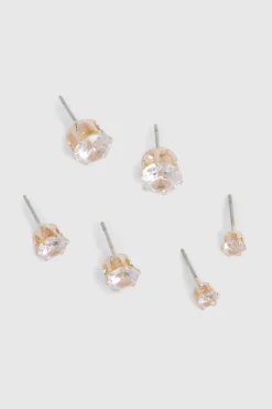 boohoo Pack de 3 boucles d’oreilles clous Diamante en or< Boucles D'Oreilles