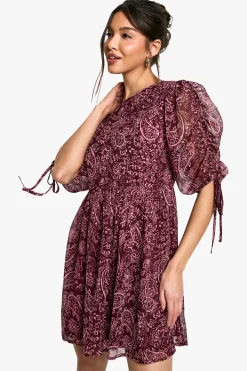 Paisley Robe Mini à Manches Froncées