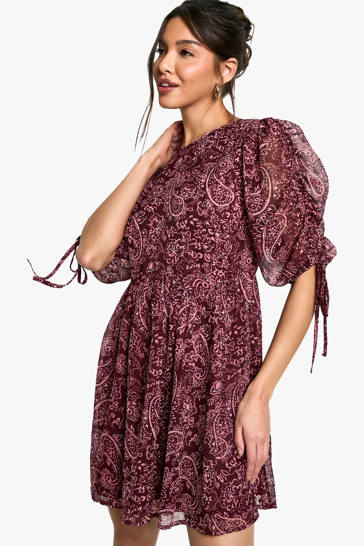 Paisley Robe Mini à Manches Froncées