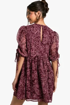 Paisley Robe Mini à Manches Froncées
