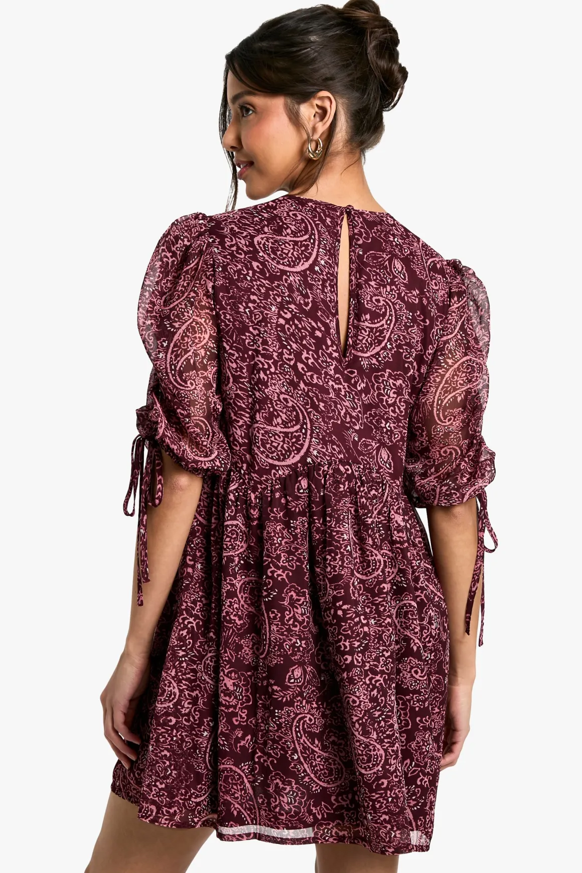 Paisley Robe Mini à Manches Froncées