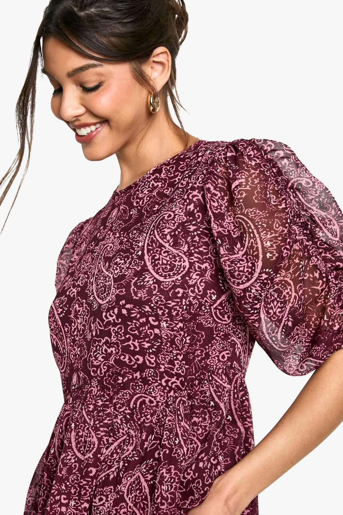 Paisley Robe Mini à Manches Froncées