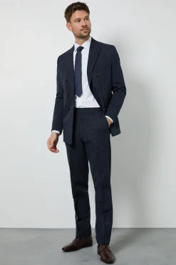 Pantalon Ajusté À Fines Rayures Bleu Marine
