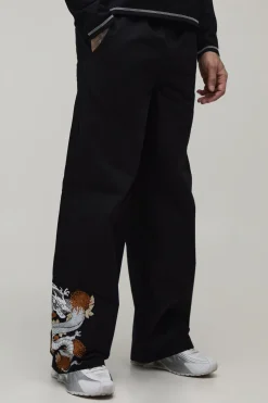 Pantalon Ample Coupe Longue Avec Broderie Dragon Et Taille Élastiquée