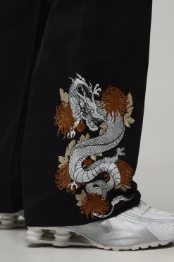 Pantalon Ample Coupe Longue Avec Broderie Dragon Et Taille Élastiquée