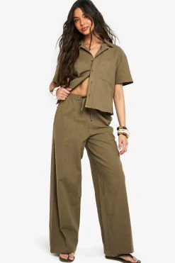 Pantalon ample effet lin à cordon de serrage, coupe large