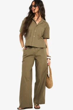 Pantalon ample effet lin à cordon de serrage, coupe large