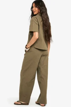 Pantalon ample effet lin à cordon de serrage, coupe large