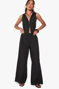 Pantalon ample en popeline à jambes larges et taille à cordon