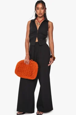 Pantalon ample en popeline à jambes larges et taille à cordon