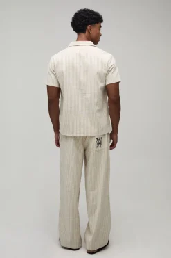 Pantalon Ample À Rayures En Mélange De Lin Avec Poche Brodée