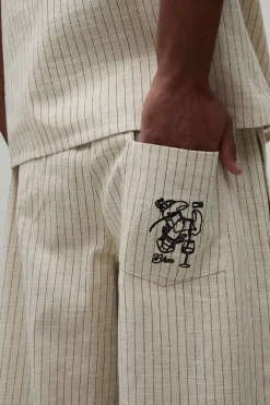 Pantalon Ample À Rayures En Mélange De Lin Avec Poche Brodée