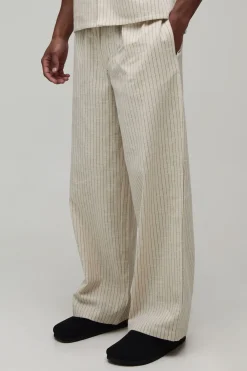 Pantalon Ample À Rayures En Mélange De Lin Avec Poche Brodée