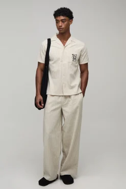 Pantalon Ample À Rayures En Mélange De Lin Avec Poche Brodée