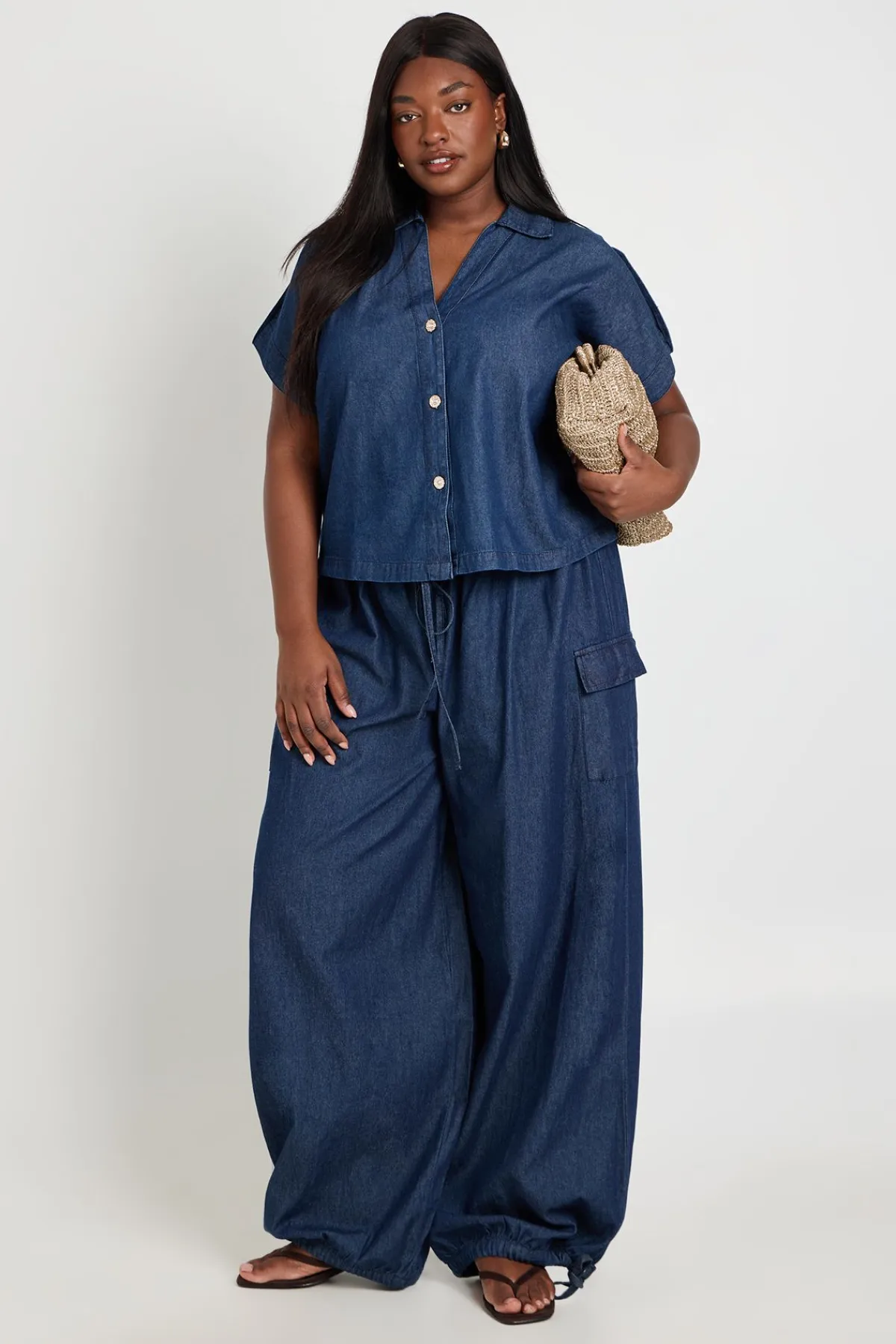 boohoo Pantalon Ballon En Chambray Grande Taille<Femme Pantalons