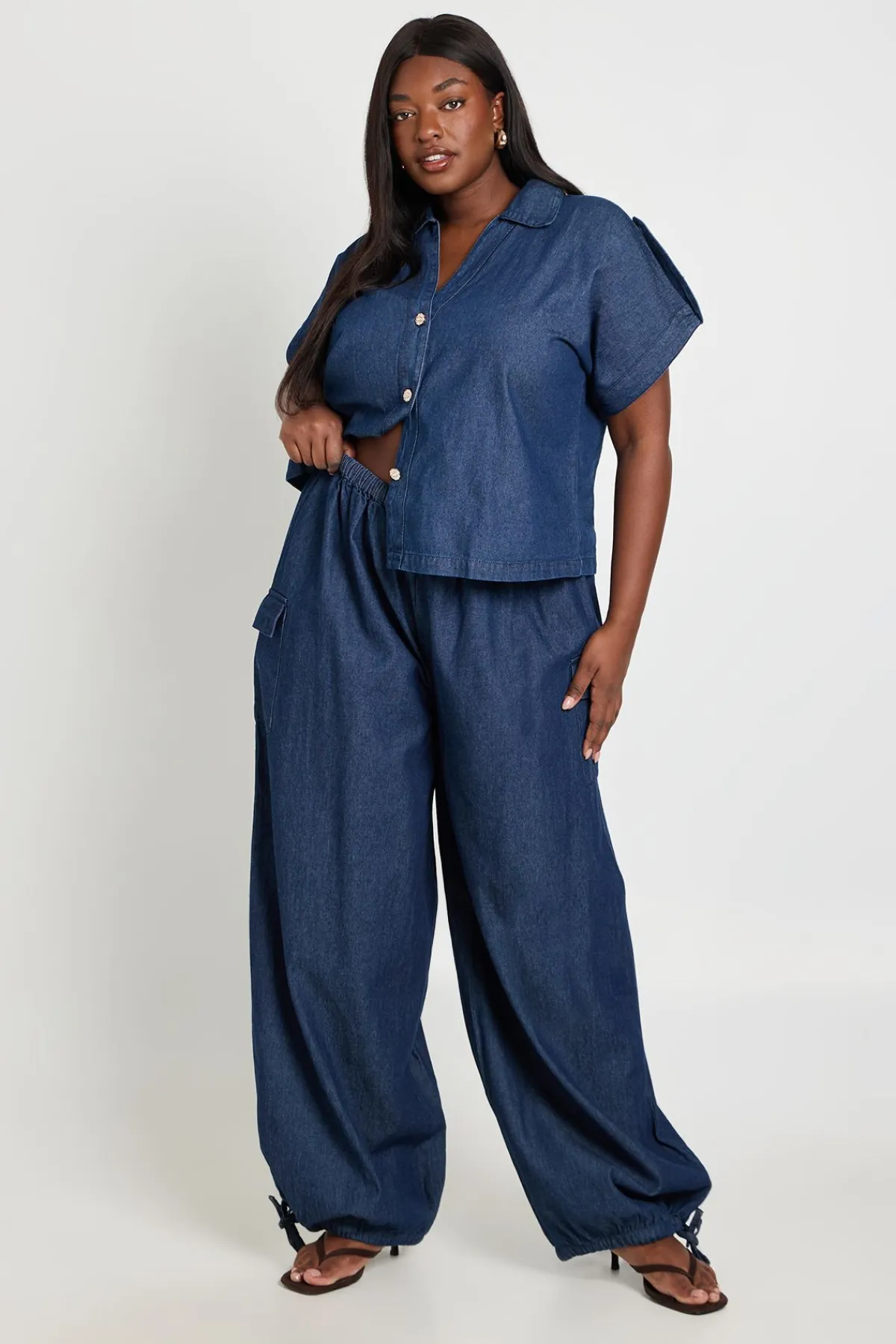 boohoo Pantalon Ballon En Chambray Grande Taille<Femme Pantalons
