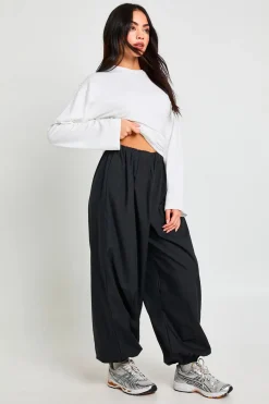 Pantalon Balloon en Popeline Taille Basse à Ceinture Dissimulée
