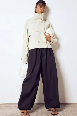 Pantalon Balloon en Popeline Taille Basse à Ceinture Dissimulée