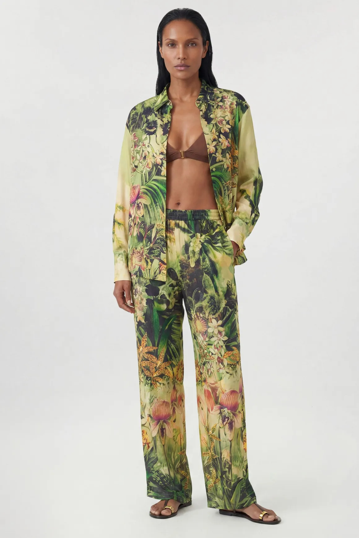 Pantalon Cache-maillot En Viscose Filée Imprimé Tropical Plage