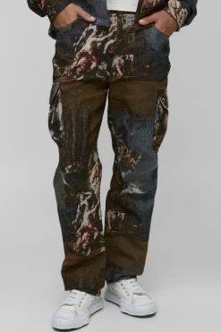 Pantalon cargo pour hommes de grande taille à coupe droite, avec tapisserie Renaissance en superposition.