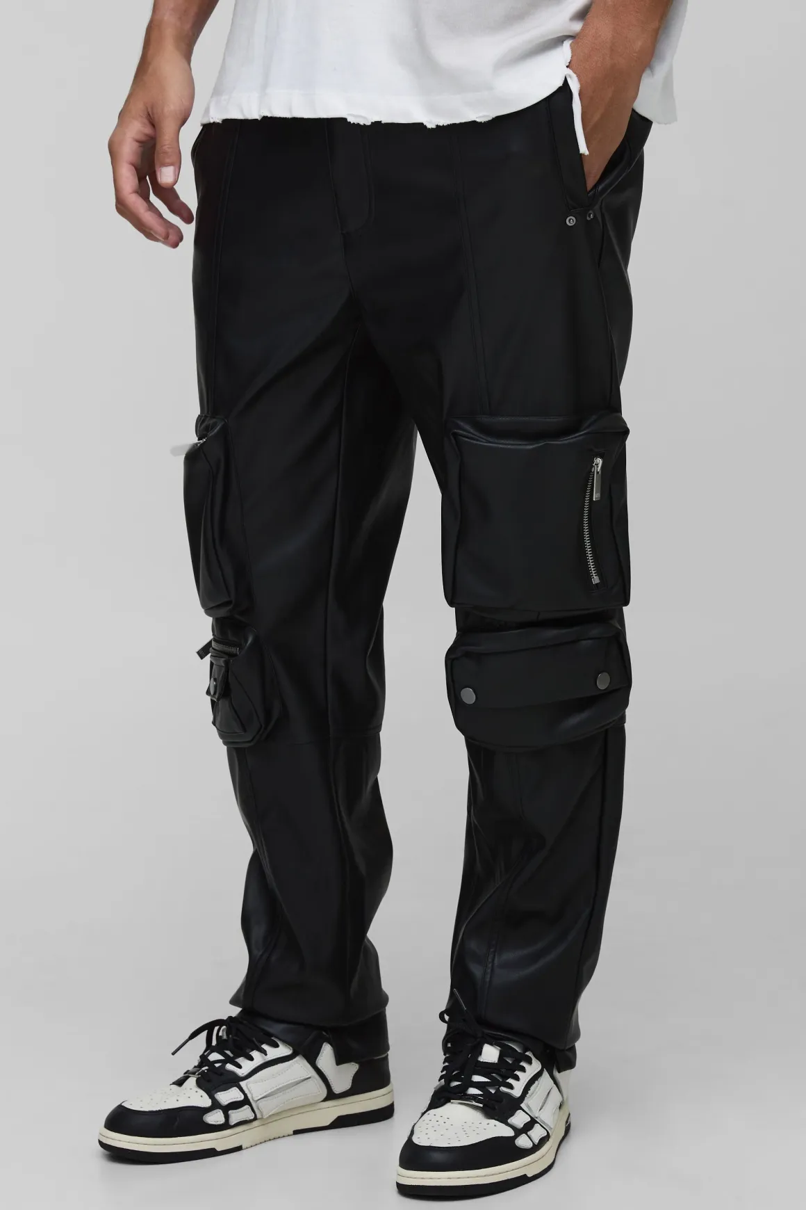 Pantalon cargo skinny extrême à poches, look cuir pour les grands
