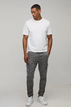 boohooMAN Pantalon cargo skinny à fronces, bretelles et ourlets empilés<Homme Pantalons Cargo