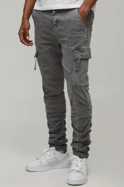 boohooMAN Pantalon cargo skinny à fronces, bretelles et ourlets empilés<Homme Pantalons Cargo