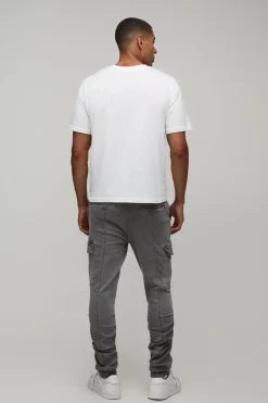 boohooMAN Pantalon cargo skinny à fronces, bretelles et ourlets empilés<Homme Pantalons Cargo