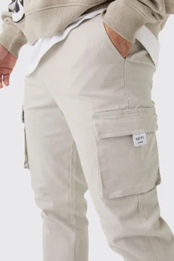 boohooMAN Pantalon cargo slim fit à taille élastiquée, onglet tissé et ourlets reversés<Homme Pantalons Cargo